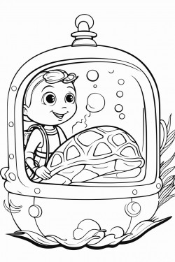 a child in a submarine peering through a window at colorful fish and a sea turtle swimming by