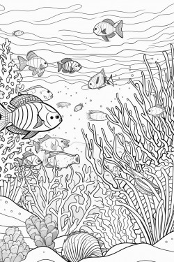 ocean scene underwater with lots of sea animals colorful fish coral reefs mermaids castle