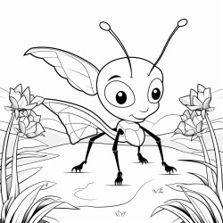 create a coloring page in black and white in bold outline and white background of a cute baby ant in the garden