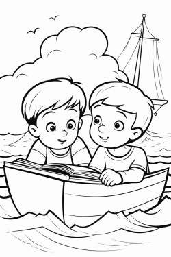 worried boys working in a big boat with a big storm