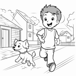a dog running towards a boy japan street