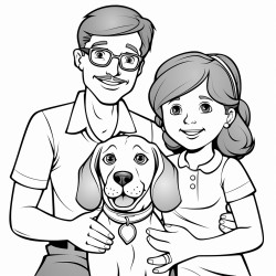 five year old girl with pigtail braids and glasses with her mom and dad and a beagle