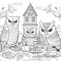 owls having dinner with a queen