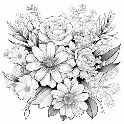 a coloring book page flower bouquet clean white background thick black outline no shadow no shading no grayscale