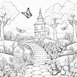 full page image of a garden in whimsical style with stone garden pathways plants and an offset tiny butterfly