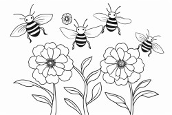 cute bees flying around large flowers