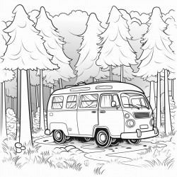 a camper van parked in a dense forest with wild animals around it