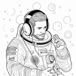 adult astronaut listening to music