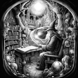 magician reading book in a room with magic things