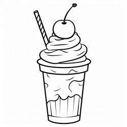 cartoon outlined in black line a milkshake in a tall glass with whipped cream and a cherry on top