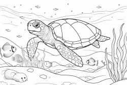 coloring page with a friendly sea turtle in front of corals and fishes with less black items