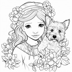 beautiful doll with flowers flowing hair ribbons with a cute scottish terrier and patterdale terrier