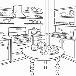 a kitchen with a cake dish on the counter