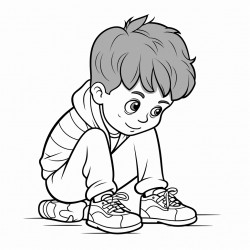 child putting on their shoes with their eyes closed
