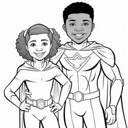 olouring book that has an image of a 6 year old blackbrown skin superhero child one male and one female smiling