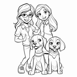 girl with pigtail braids and eyeglasses with her mom dad and beagle dog