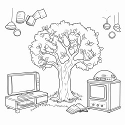 coloring book for children tree leaves snow stone  grass flowers lamp tv and telephone