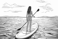 a woman paddle boarding on the sea on a sunny day