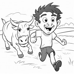 cow chasing scared boy