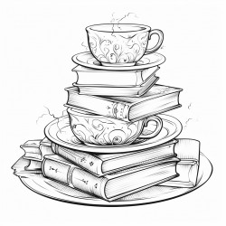 6 tea cups floating around books in background