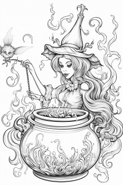 victorian style witch stirring a bubbling cauldron