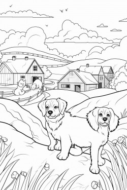 2 bengals and one cocker spaniel in a village between rolling hills and whispering trees