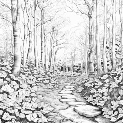 create a blackandwhite coloring page of a forest path blanketed in fallen leaves outline trees with bold clear lines and scatter leaves along the path and forest floor show varied leaf shapes to add interest but keep large spaces
