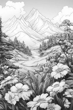 flowers in a meadow behind a beautiful mountain