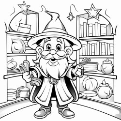 happy wizard in a magic room