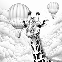 giraffe surrounded by clouds and hot air balloons