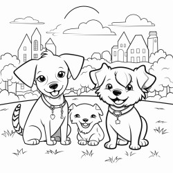 cute dogs and cat playing in the park coloring book for toddlers