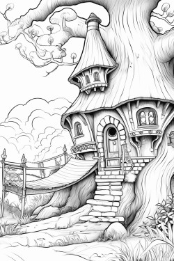 mushroom houses with a beautiful garden with a gnome snoozing in a hammock hanging from two trees in the garden