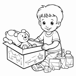 a 3year old boy putting toys in his toy box