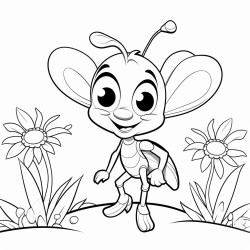 create a coloring page in black and white in bold outline and white background of a cute baby ant in the garden