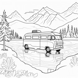 a camper van parked next to a calm lake some kids