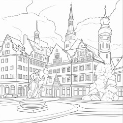creat an coloring book page of chilhous in germany