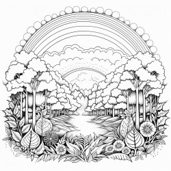 forest with rainbow and sun