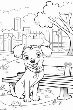 a smiling dog holding a piece of paper in the background a park with trees and a bench  autumn atmosphere