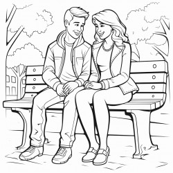 a couple sitting on a bench coloring page