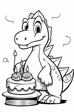 cartoon dinosaur on a birthday cake decorated with mushrooms