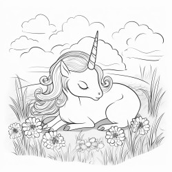 baby unicorn sleeping in a meadow with fog