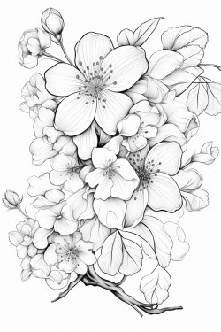 back and white no gradient no colour thick lines cherry blossoms