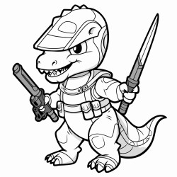 a dinosaur soldier wearing a helmet and wielding a sword