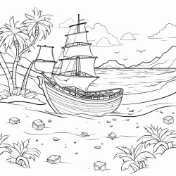 treasure in a beach with pirate boats sailing in a lake behind