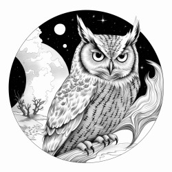 great horned owl gliding in front of the moon