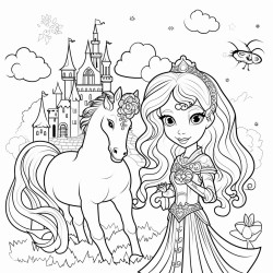 une princesse un chteau un prince une licorne et un arc en ciel et un dragon