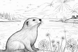 an otter and a cicada watching fireworks by a river