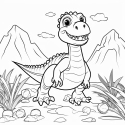 create a blackandwhite a4 coloring book with single dinosaurs and simple colorable vegetation in portrait format