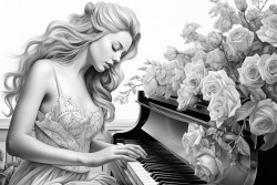 femme jouant du piano avec des fleurs