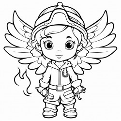 a big eyes angel kid with wings at the fire department